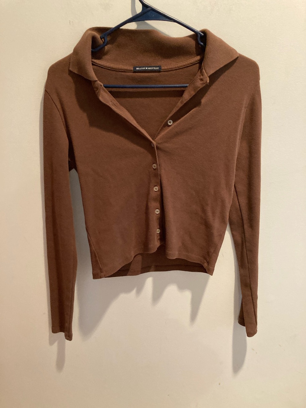 Brandy Melville Brown Button-Down mono sleeves, Polo Shirt small  100% cotton